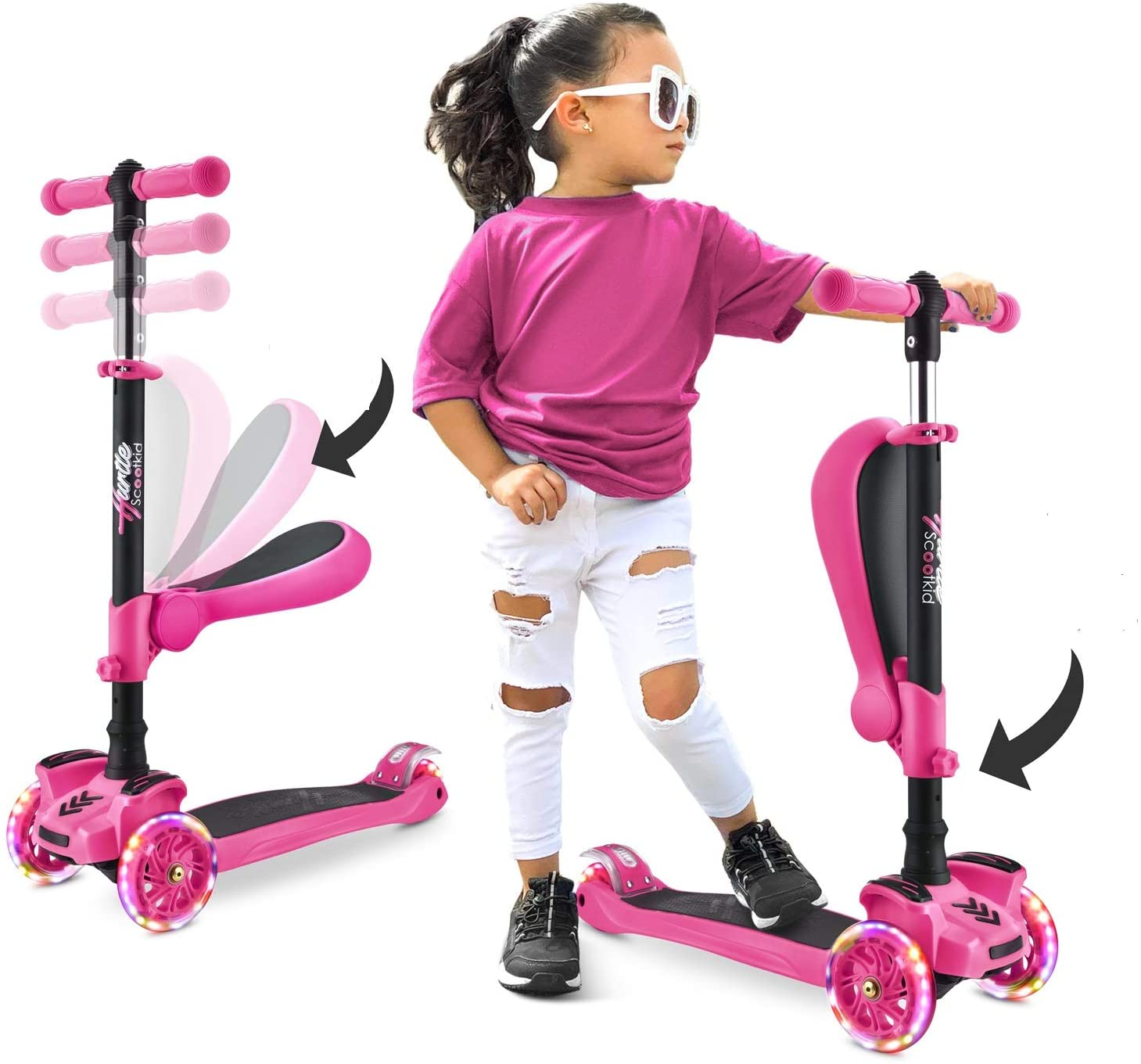 Hurtle ScootKid 3-Wheel Kids Scooter, LED Wheel Lights, Fold-Out Comfort Seat (Ages 1+)