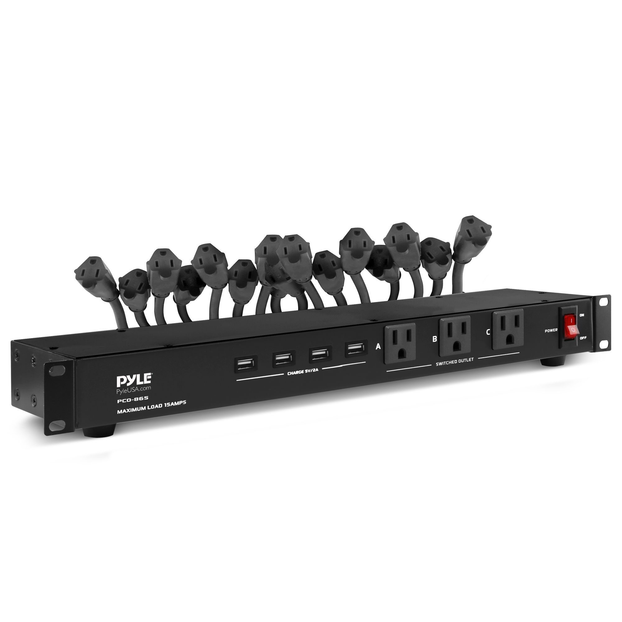 Pyle 19 Outlet 1U 19" Rackmount PDU Power Distribution Supply Center Conditioner Strip Unit Surge Protector 15 Amp Circuit Breaker 4 USB Multi Device Charge Ports 15FT Cord (PCO865)