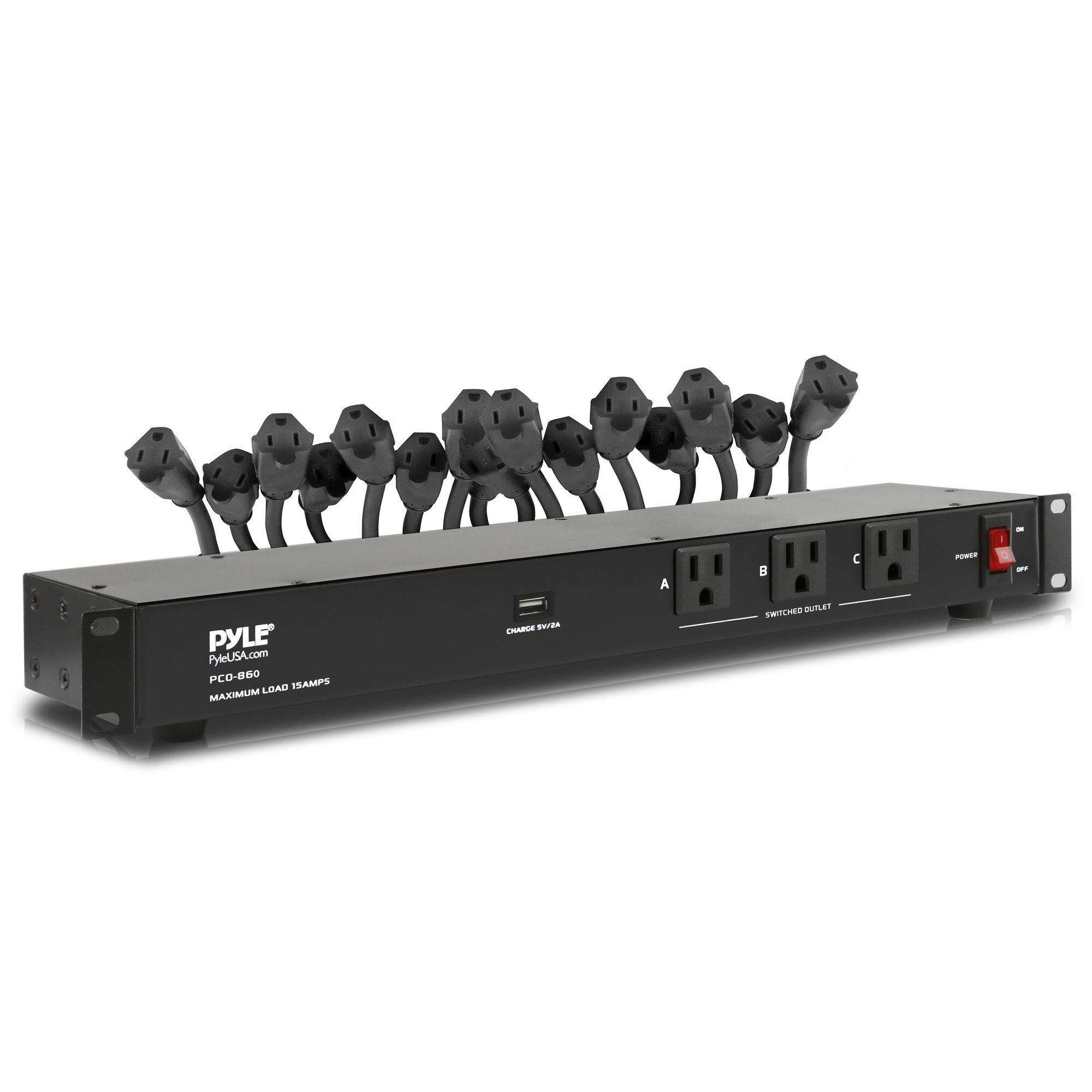 Pyle 19‑Outlet 1U Rackmount PDU – 15 A Surge Protector with USB Charging, Ground Lift, Circuit Breaker, 15 ft Cord, 3 Front Outlets & 16 Rear Power Cables (Model PCO860)