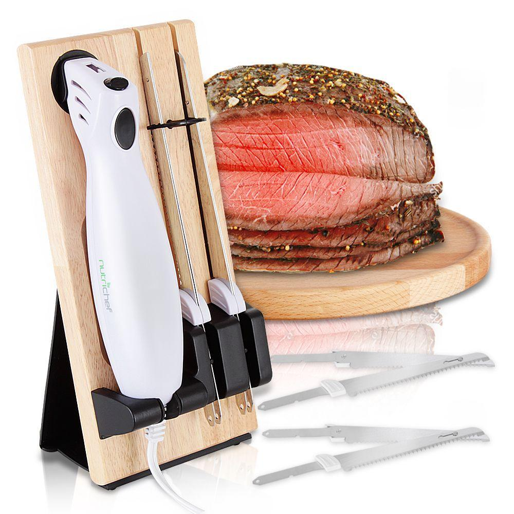Nutrichef PKELKN16 Portable Electrical Food Cutter Knife Set with Bread and Carving Blades, Wood Stand, One Size, White (Pack of 4)