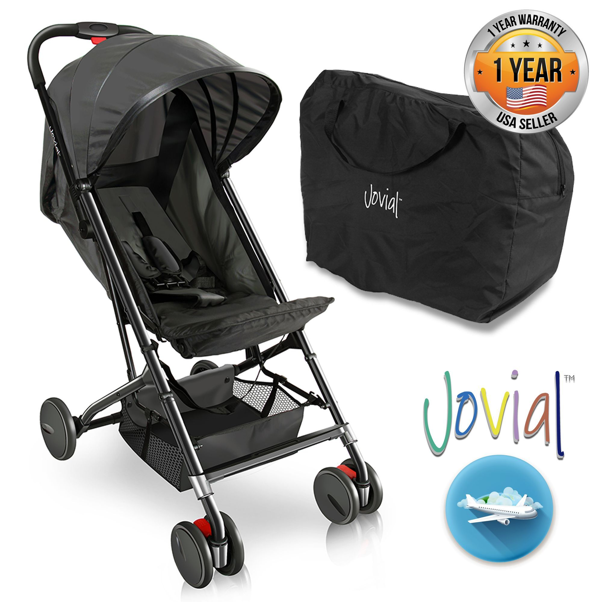 Upgraded Portable Lightweight Travel Stroller - Easy 1 Hand Foldable Compact Stroller, Adjustable Reclining Seat, World's Smallest Stroller to Fit in Small Cars Between The Seats by Jovial (Black)