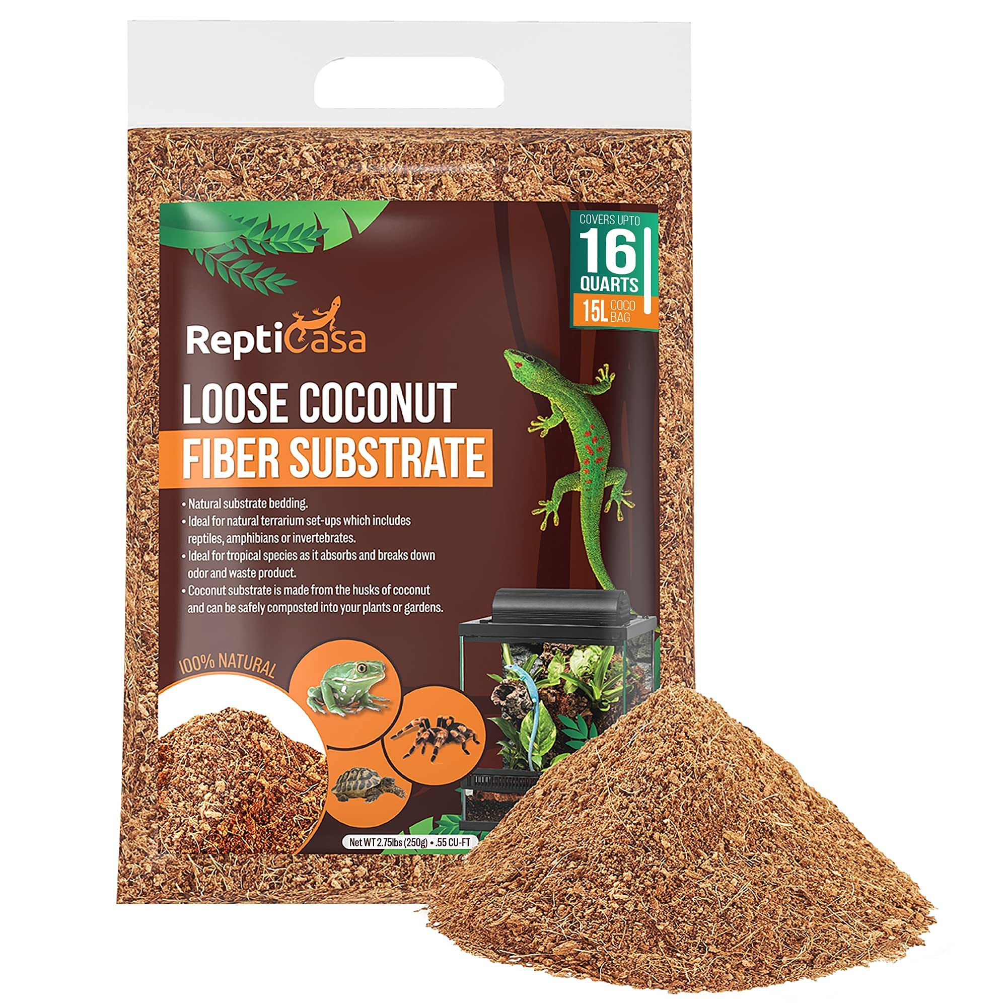 ReptiCasa Loose Coconut Substrate Husk Fibers, 16 Quarts Bag, Clean Natural Terrarium Bedding for Reptiles, Amphibians, or Invertebrates, Waste, Liquid and Odor Absorbent