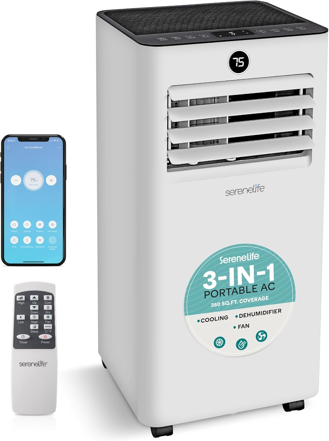 SereneLife SLPAC83W Portable Air Conditioner-8000 Capacity (ASHRAE) Compact Home A/C Cooling Unit Only with Wifi Function, Includes Window Mount Kit (White), 8,000 BTU