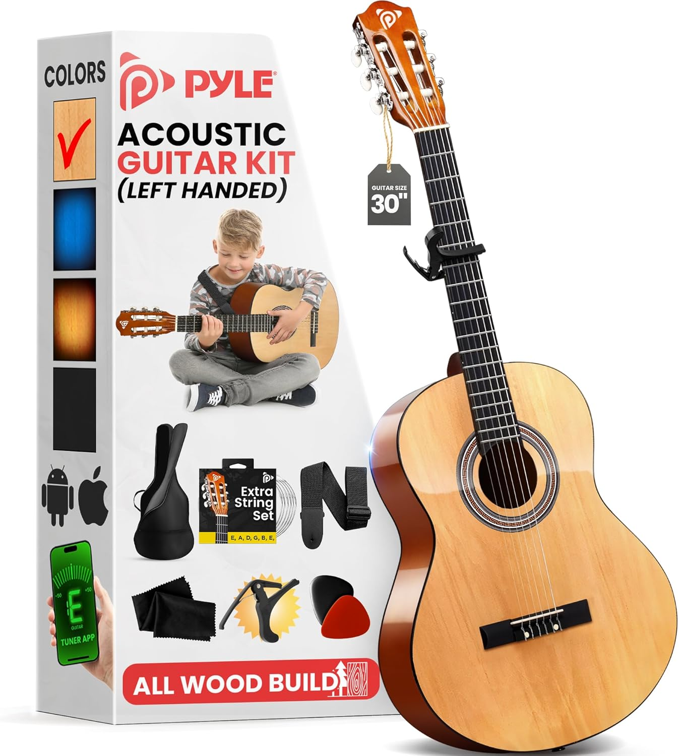 Pyle 30" Classical Guitar Starter Kit – 1/4 Size Wood Guitar with Capo, Bag, Extra Strings, Strap & Picks (Natural Gloss)