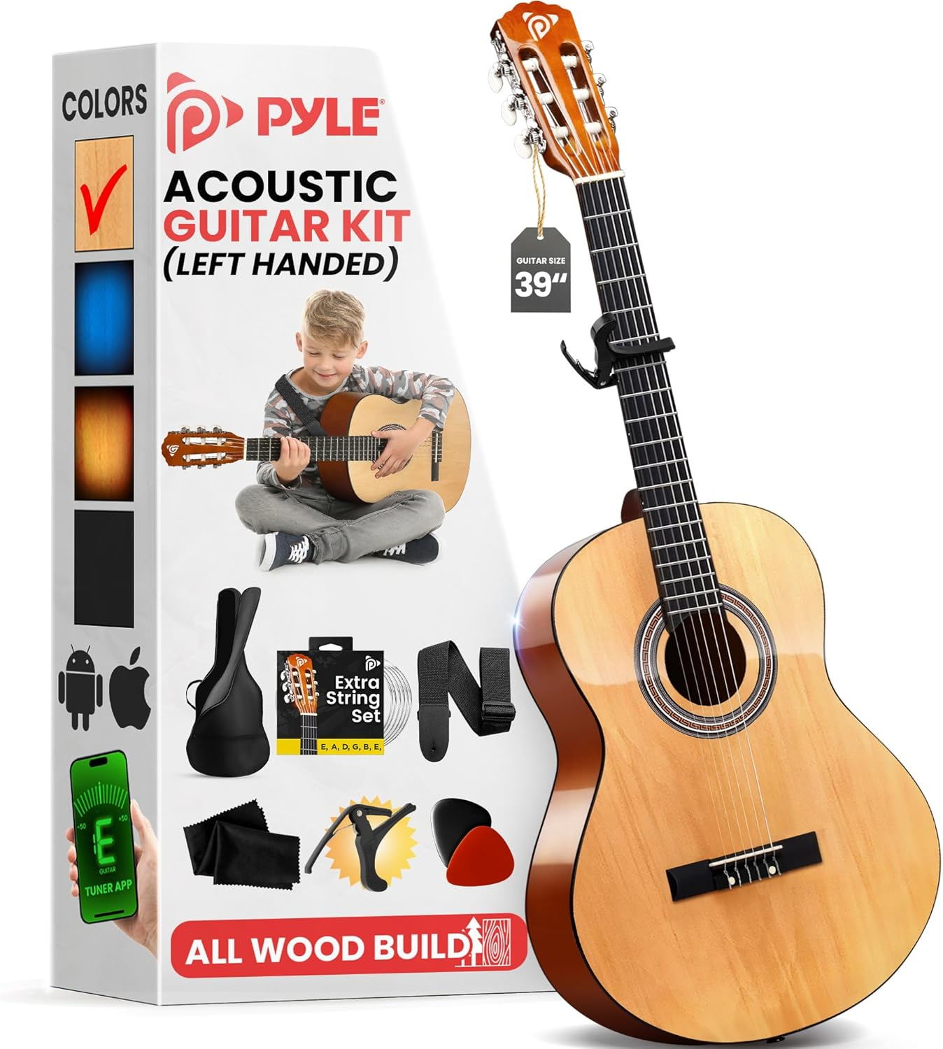 Pyle 39" Classical Guitar Starter Kit – Full Size (4/4) Left-Handed Wood Guitar with Capo, Gig Bag, Extra Strings, Strap & Picks (Natural Gloss)