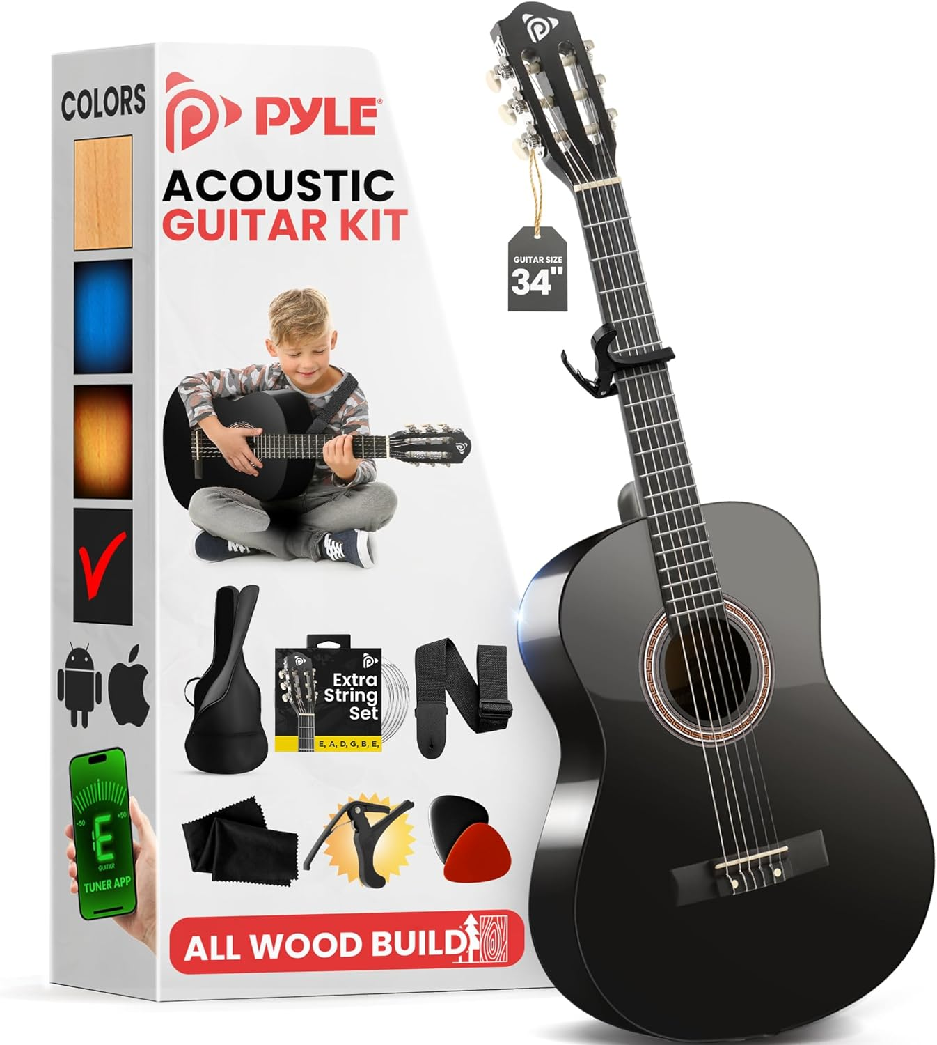 Pyle 34" Classical Guitar Starter Kit – 1/2 Size Wood Guitar with Capo, Gig Bag, Extra Strings, Strap & Picks (Black Gloss)