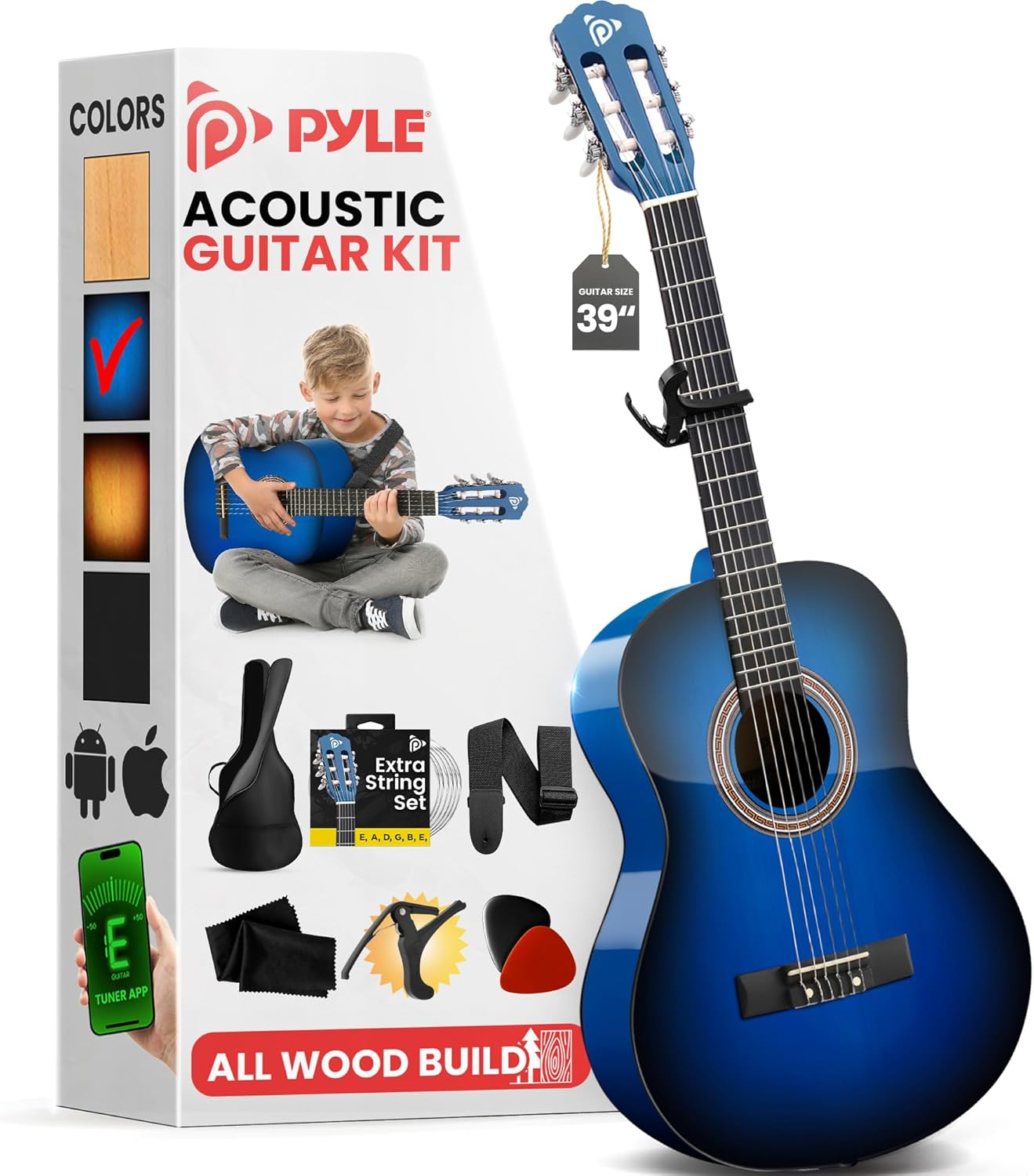 Pyle 39" Classical Guitar Starter Kit – Full‑Size (4/4) Wood Guitar with Capo, Gig Bag, Extra Strings, Strap & Picks (Blue Gloss)