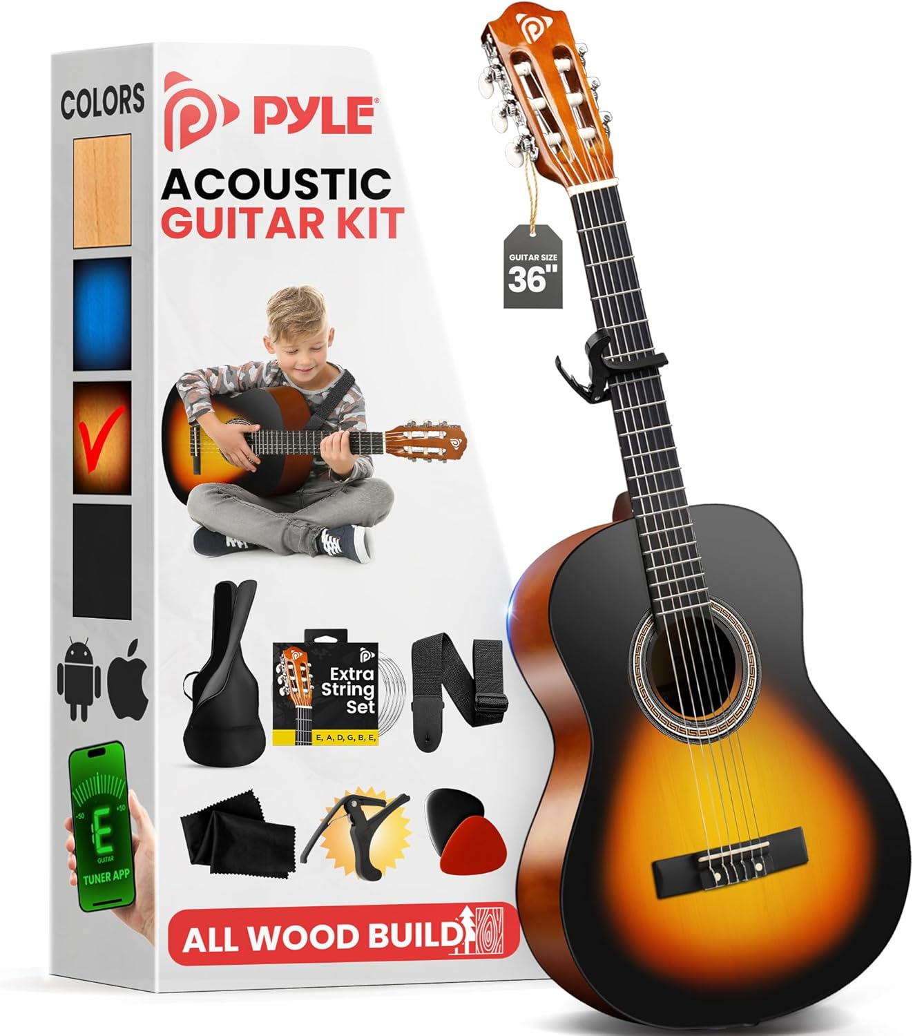 Pyle 36″ Classical Guitar Starter Kit – 3/4 Size Wood Guitar with Capo, Gig Bag, Extra Strings, Strap & Picks (Sunburst Gloss)