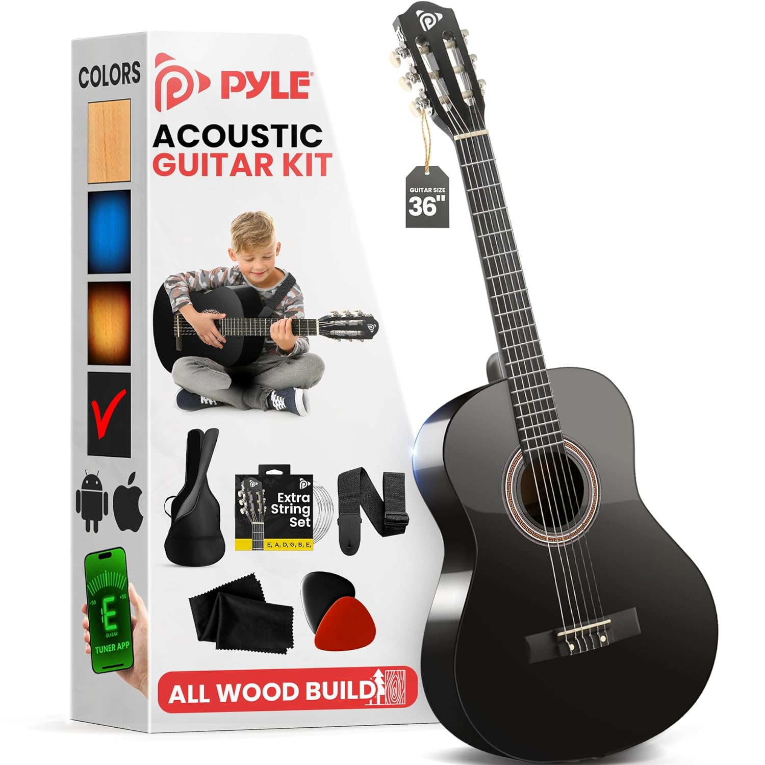 Pyle 36″ Beginner Acoustic Guitar Kit – 3/4 Size Black Gloss Wood Guitar with Nylon Strings, Capo, Strap, Extra String Set & Gig Bag – for Beginners (Adults & Youth)