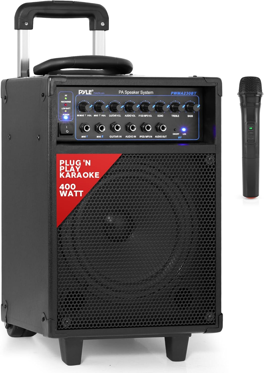 Pyle 400W Wireless Portable PA System – Bluetooth-Compatible, Battery-Powered and Rechargeable, Outdoor Stereo Speaker with Microphone, Handle, Wheels, 1/4" to AUX & RCA Cable (PWMA230BT)