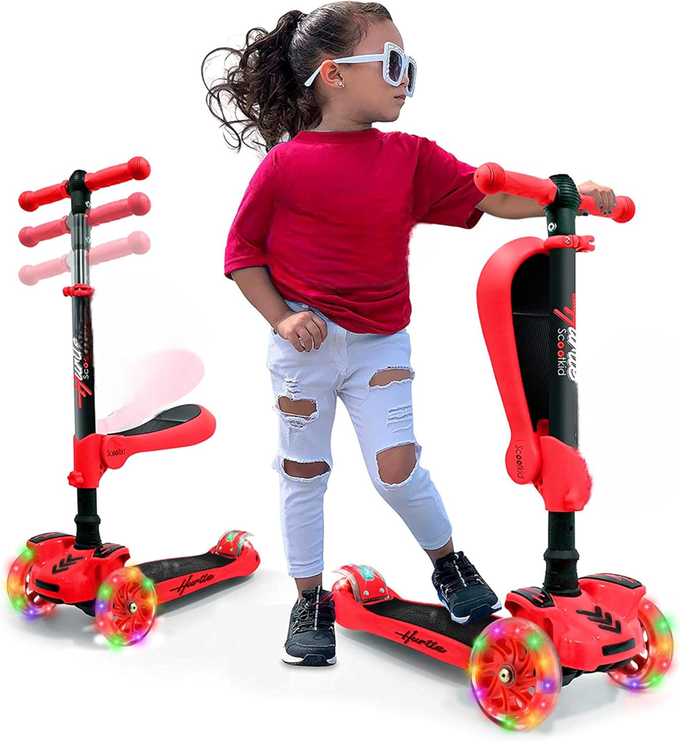 Hurtle 3-Wheel Kids Scooter with LED Light-Up Wheels – Adjustable Lean-to-Steer Handlebar, Foldable Seat, and Rear Brake – Sit or Stand Riding Option for Boys and Girls Ages 1–14