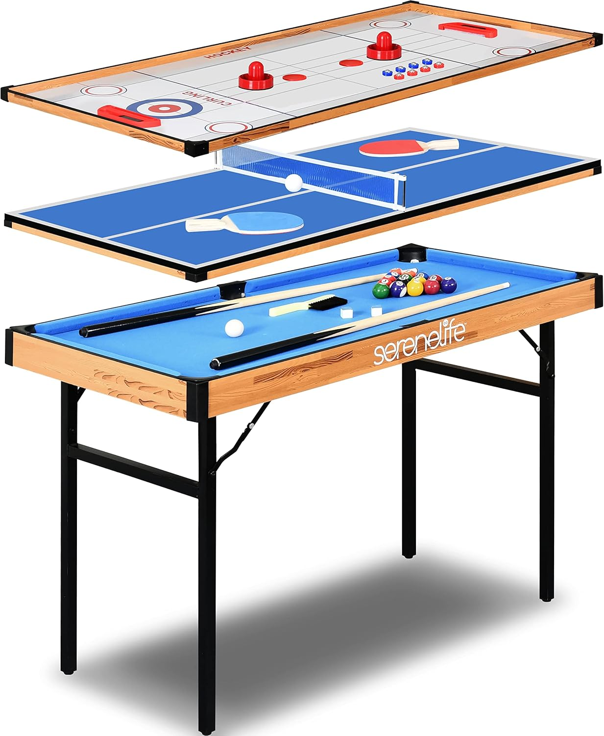 SereneLife 4-in-1 Multi-Game Table, 4’ x 2’ Folding Portable Arcade Set with Accessories – Includes Ping Pong, Air Hockey, Billiards, and Shuffleboard – Ideal for Indoor or Outdoor Use, Suitable for All Ages