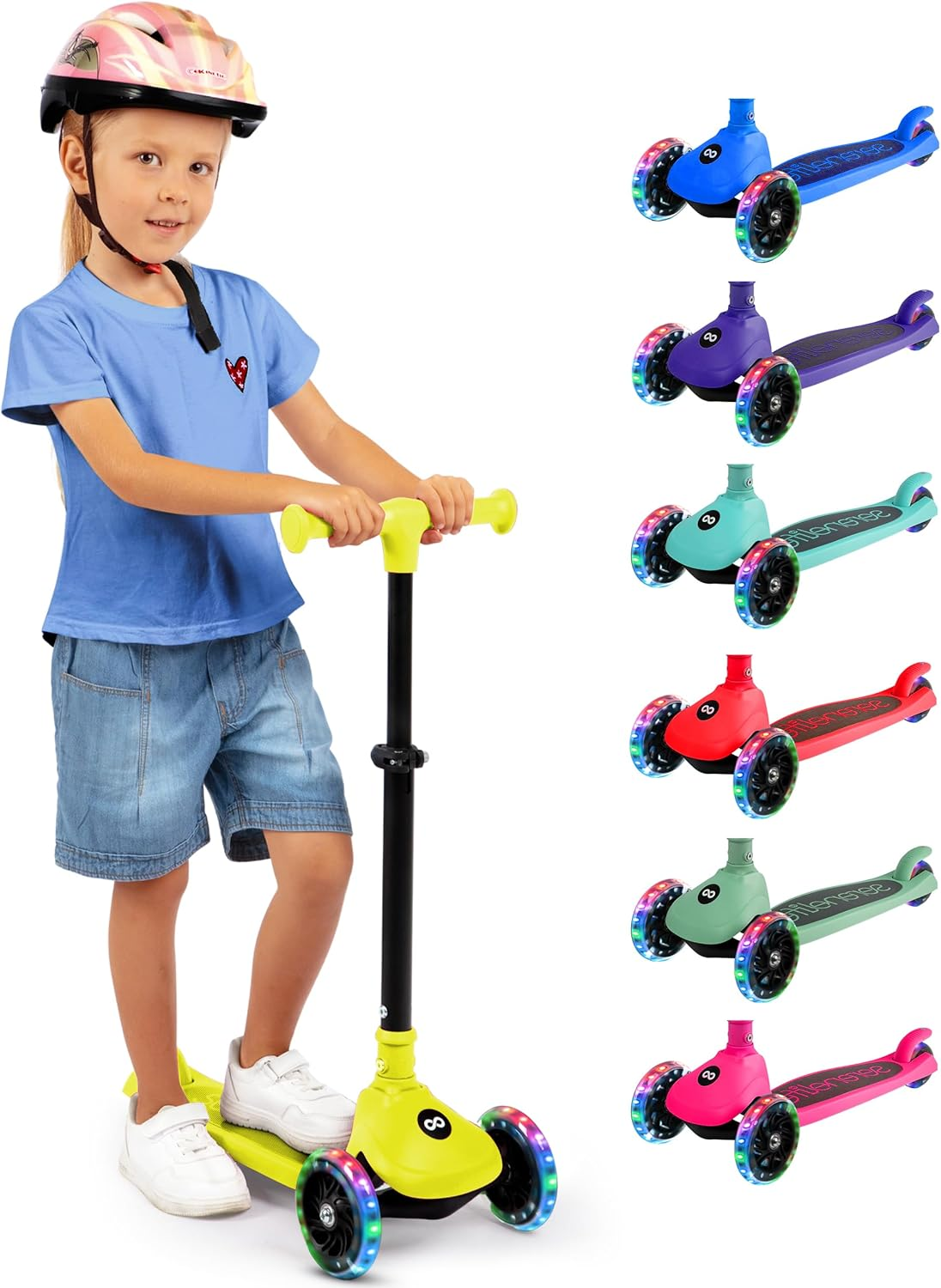SereneLife Foldable 3-Wheel Scooter for Kids – Adjustable Handlebar and LED Light-Up Wheels for a Fun, Smooth Ride