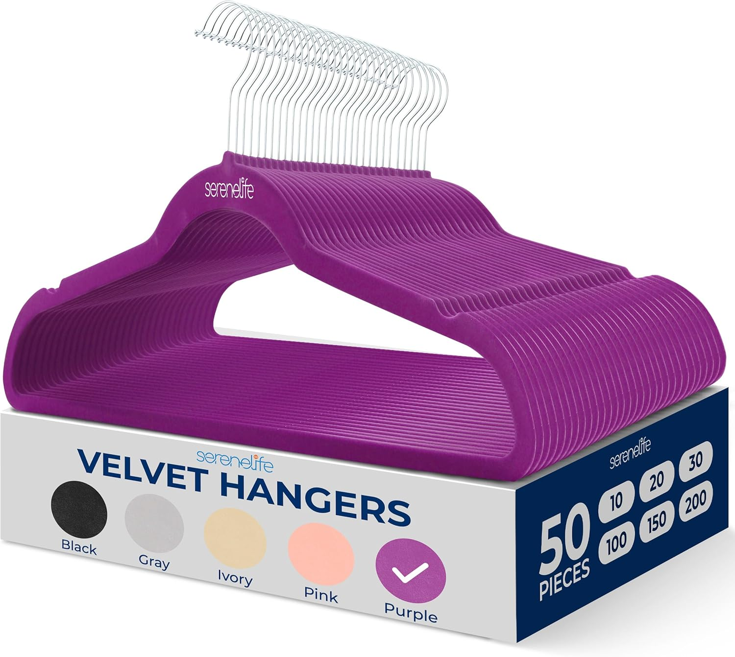 SereneLife 50-Pack Velvet Hangers – Non-Slip, 360° Rotating Hooks – Slim, Lightweight Hangers for Shirts, Sweaters, Hoodies, Kids’ Clothing & Dresses – Space-Saving Design