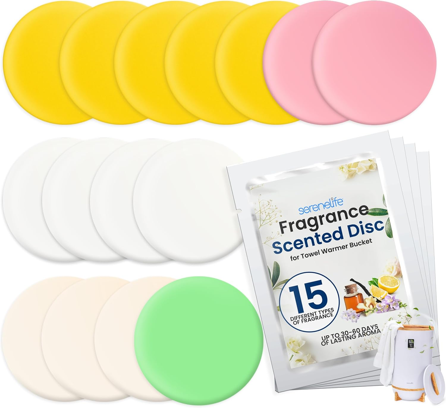 SereneLife Fragrance Discs – 15 Pleasant Scents Compatible with Towel Warmer Buckets, Convenient Size Fits Most Air Freshener Holders, Long-Lasting Freshness for 30 to 60 Days
