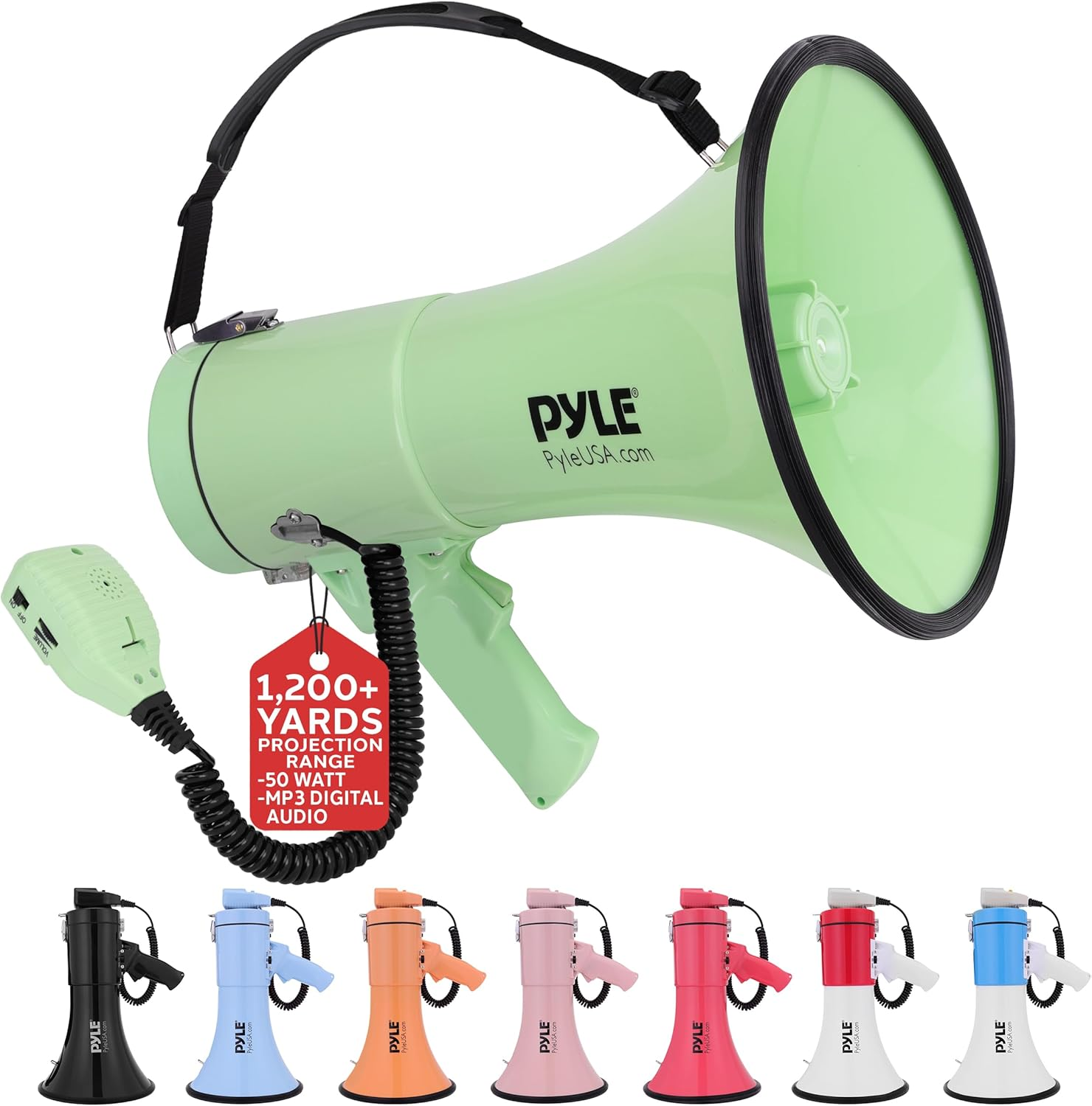 Pyle 50W Megaphone Bullhorn – Portable with Automatic Siren, Adjustable Volume, and 1200-Square-Yard Projection Range – Includes AUX Input, Talk, Siren, Music, Whistle, Recording Functions, and Shoulder Strap (Black)