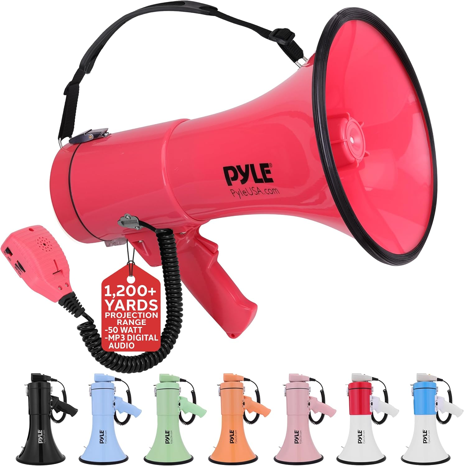 Pyle 50W Megaphone Bullhorn – Portable with Adjustable Volume and Automatic Siren, Projects Sound Up to 1200 Square Yards – Features AUX Input, Talk, Music, Whistle, Record Modes, and Shoulder Strap (Black)