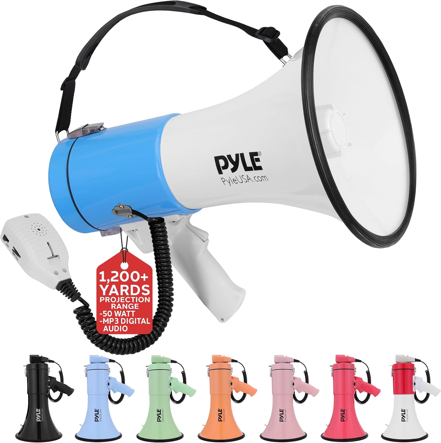Pyle 50W Megaphone Bullhorn – Portable Design with Automatic Siren, Adjustable Volume, and 1200 Square Yard Sound Projection – Includes AUX Input, Talk, Music, Whistle, Record Functions, and Shoulder Strap (White & Blue)