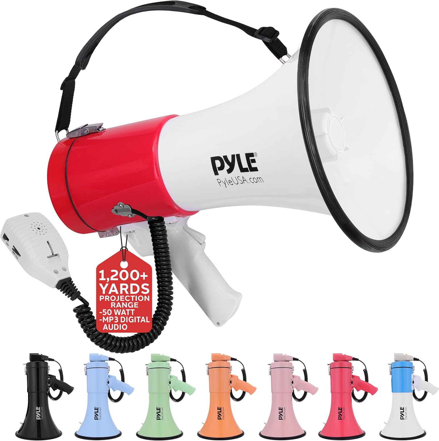 Pyle 50W Megaphone Bullhorn – Portable with Automatic Siren, Adjustable Volume, and Sound Projection up to 1200 Square Yards – Features AUX Input, Talk, Siren, Music, Whistle, Record, and Includes Shoulder Strap (White & Red))