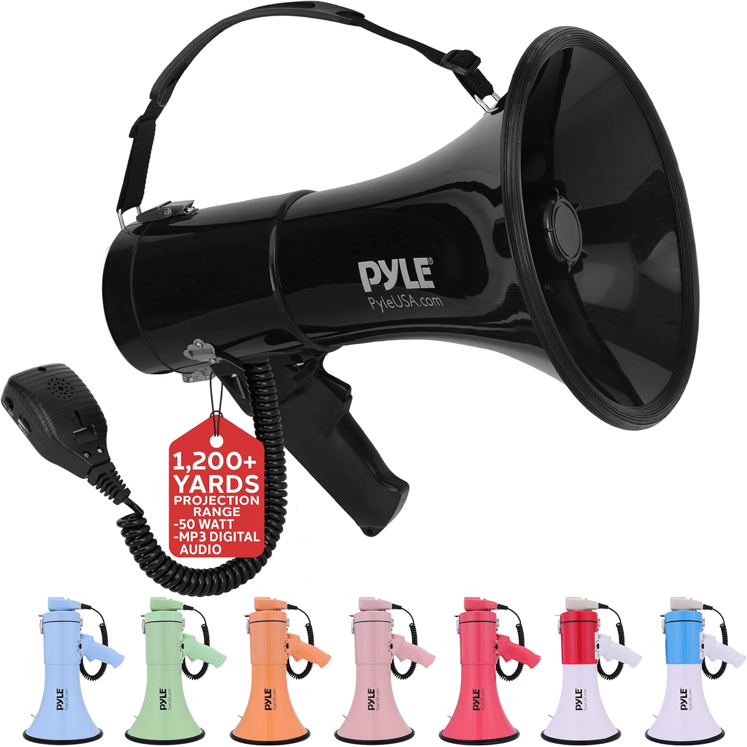 Pyle 50W Megaphone Bullhorn – Compact and Portable with Automatic Siren, Adjustable Volume, and 1200 Square Yard Range – Includes AUX Input, Talk, Siren, Music, Whistle, Record Functions, and Shoulder Strap (Black)