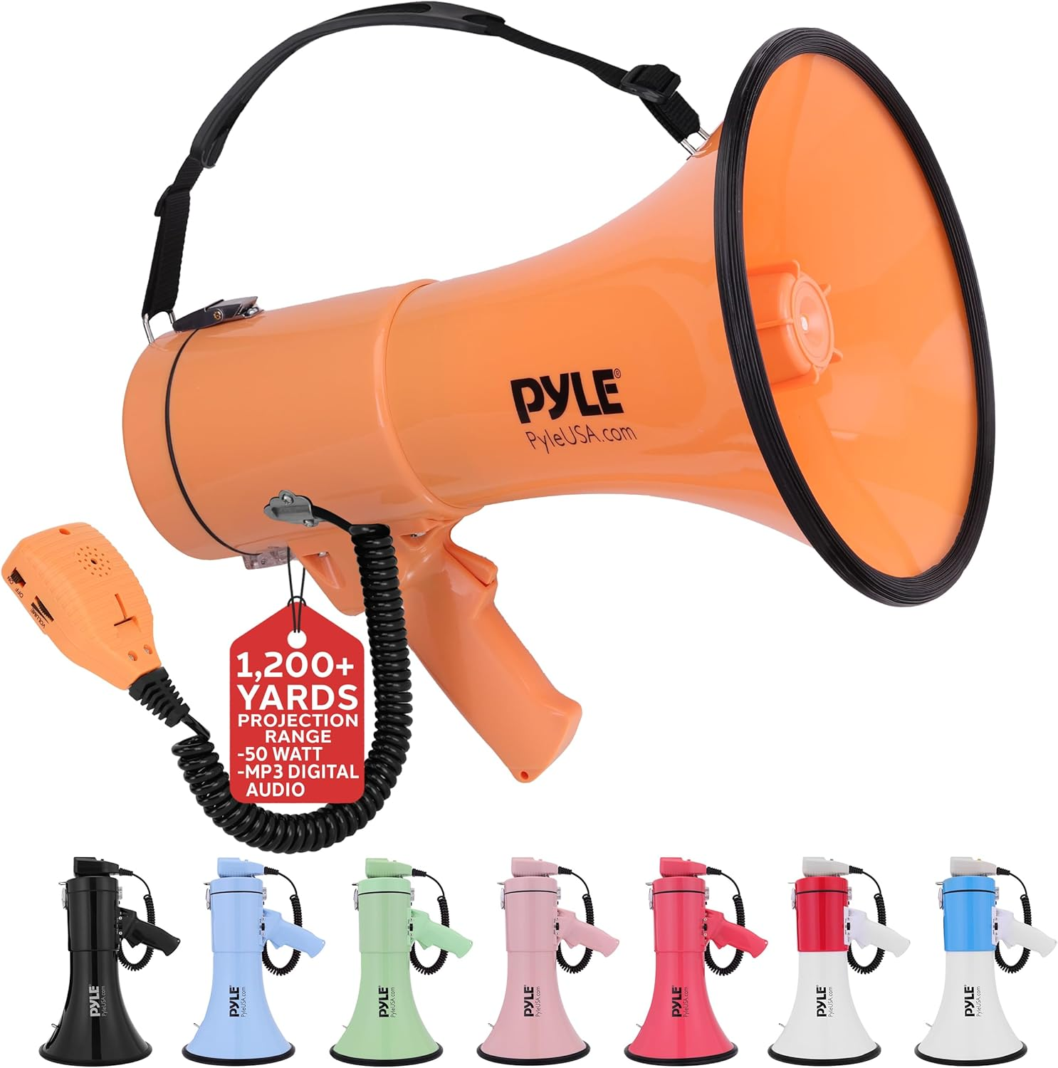 Pyle 50W Megaphone Bullhorn – Portable with Automatic Siren, Adjustable Volume, and Up to 1200 Square Yards Projection – Features AUX Input, Talk, Siren, Music, Whistle, Record Modes, and Shoulder Strap (Orange)