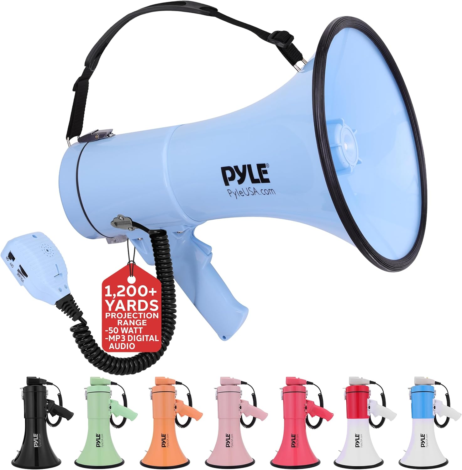 Pyle 50W Megaphone Bullhorn – Portable with Automatic Siren, Adjustable Volume, and Up to 1200 Square Yards Projection – Features AUX Input, Talk, Siren, Music, Whistle, Record Modes, and Shoulder Strap (Blue)