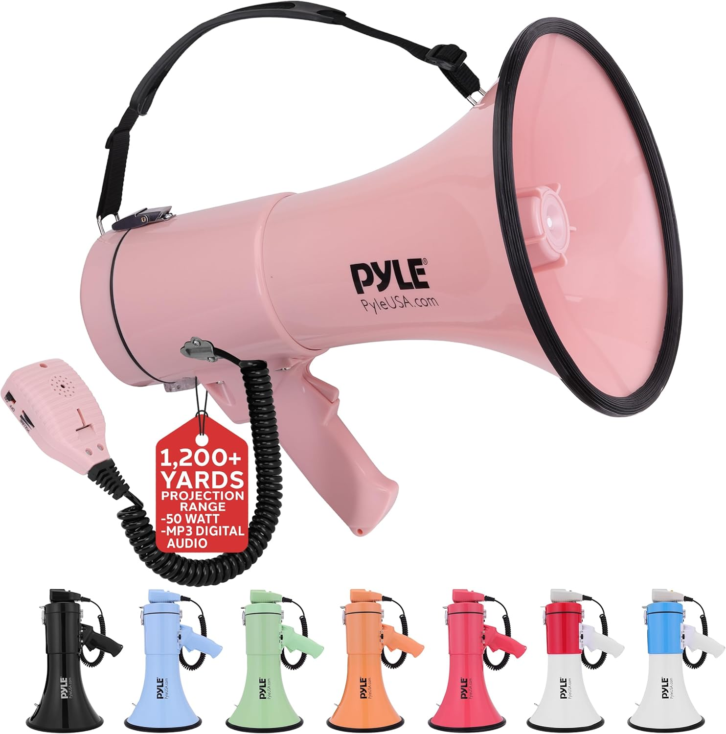 Pyle 50W Megaphone Bullhorn – Portable with Automatic Siren, Adjustable Volume, and Up to 1200 Square Yards Projection – Features AUX Input, Talk, Siren, Music, Whistle, Record Modes, and Shoulder Strap (Pink)