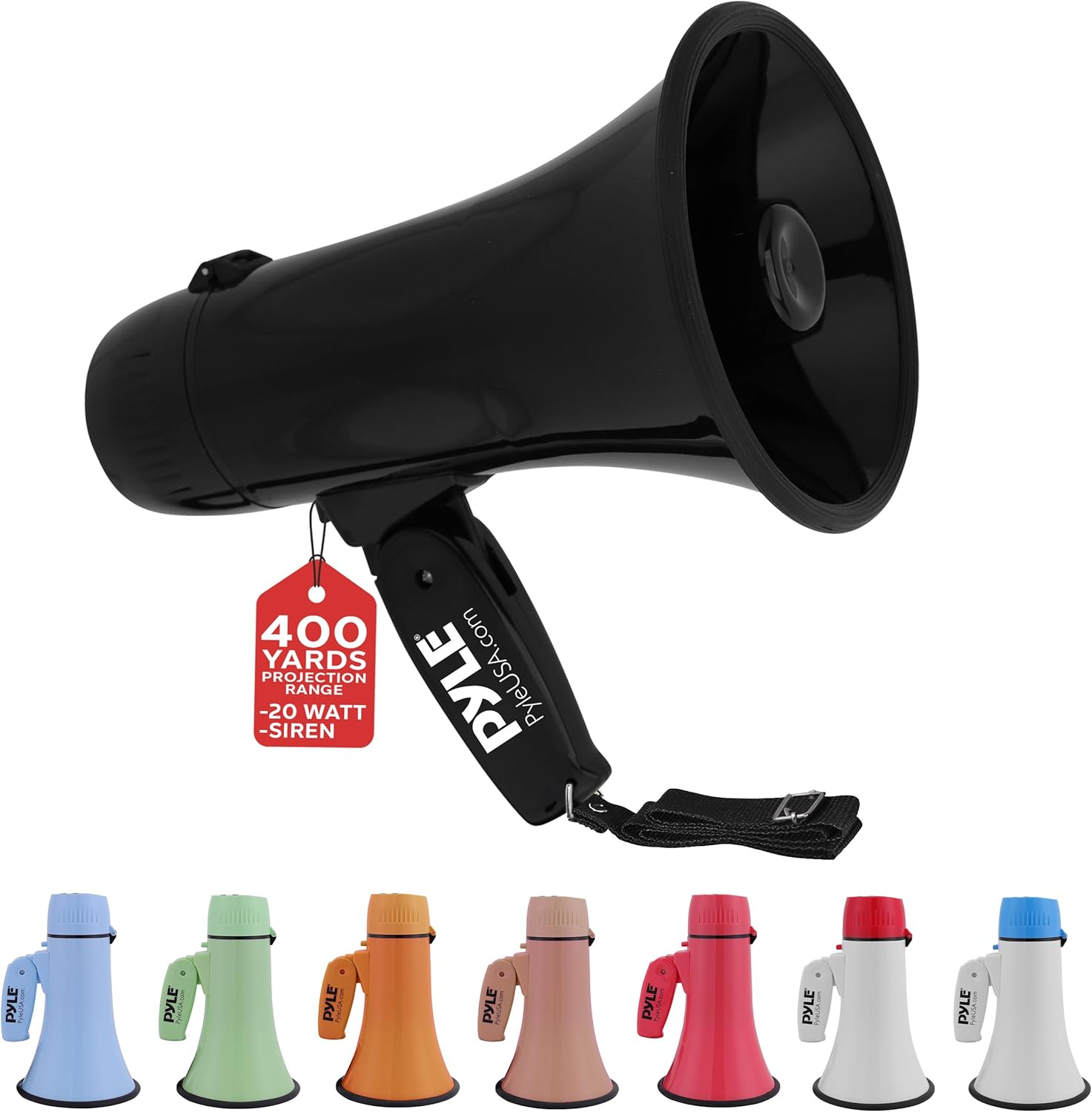 Pyle 20W Megaphone Bullhorn – Compact Handheld Speaker with Adjustable Volume and Built-in Siren – Powerful, Portable Loudspeaker for Announcements, Events, Sports, and Public Address