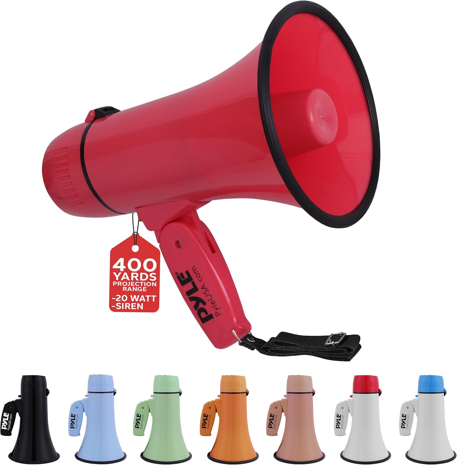 Pyle 20W Megaphone Bullhorn – Portable Handheld Loudspeaker with Adjustable Volume and Siren – Compact and Powerful Bullhorn for Announcements, Events, Sports, and Public Address