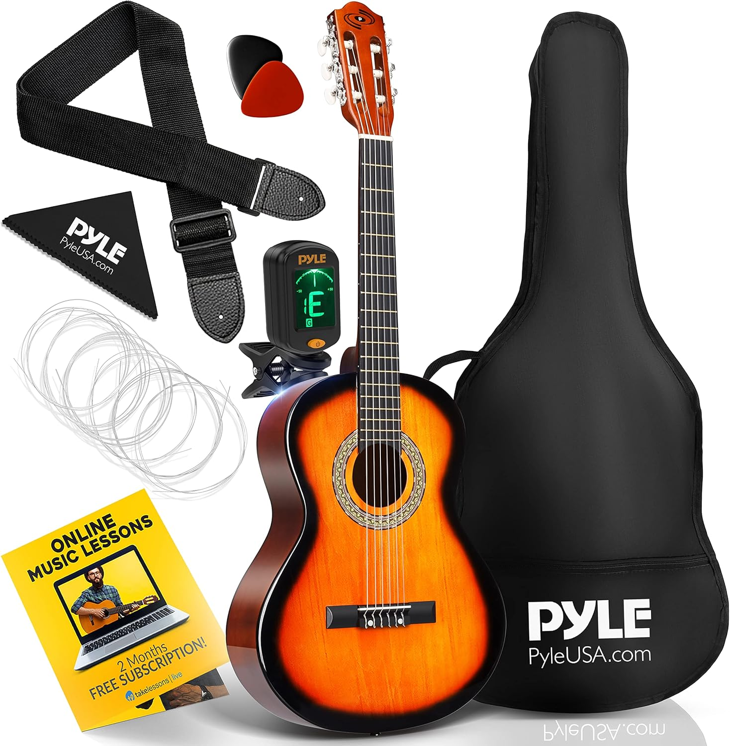 Pyle 36" 6-String Classical Guitar – 3/4 Size Scale with Digital Tuner and Accessory Kit, Sunburst Finish, Right-Handed – PGACLS82SUN.X9