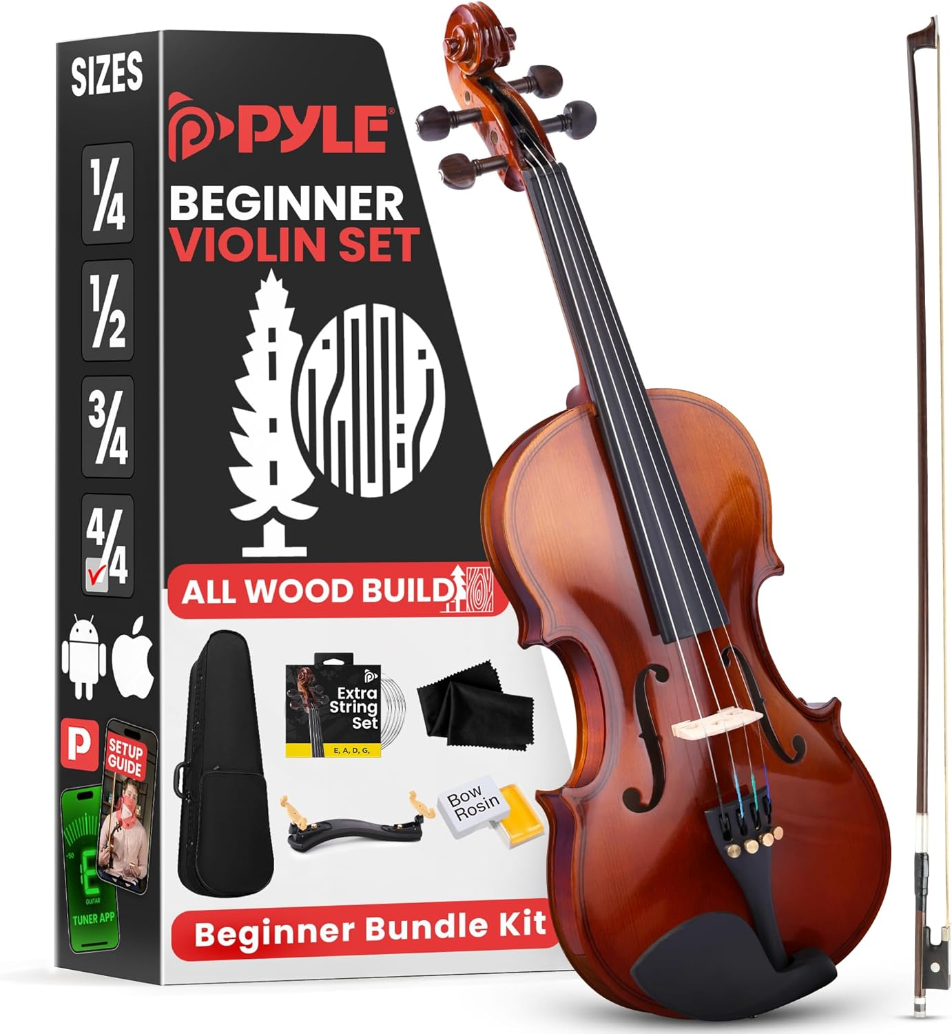 Pyle Full-Size Beginner Violin Kit – Starter Package with Travel Case, Bow, Extra Strings, Digital Tuner, Shoulder Rest, and Cleaning Cloth for Students, Kids, and Adults