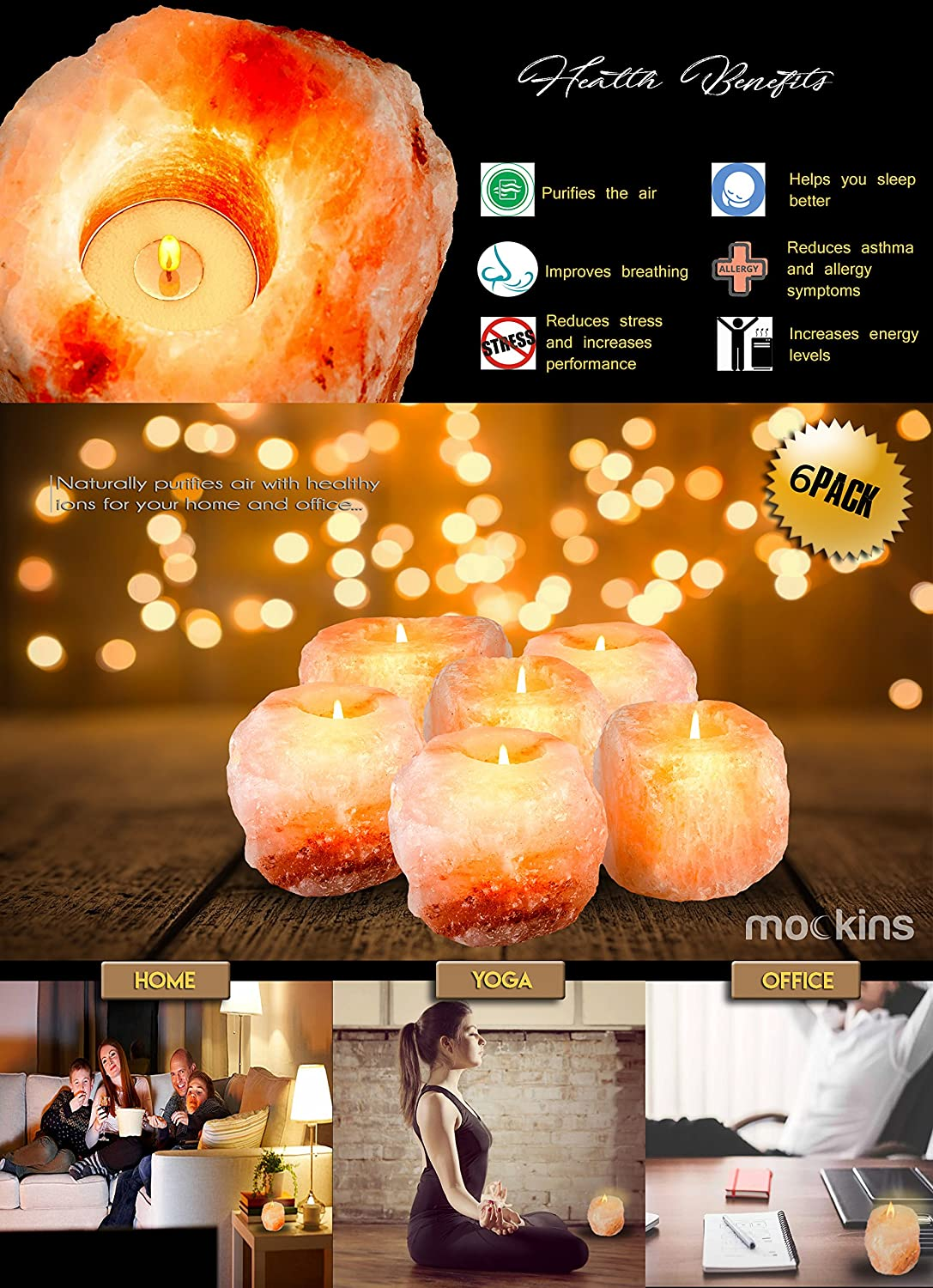 Mockins Natural Himalayan Salt Tea Light Candles - 6 Pack (MHHS6PTEAL80)