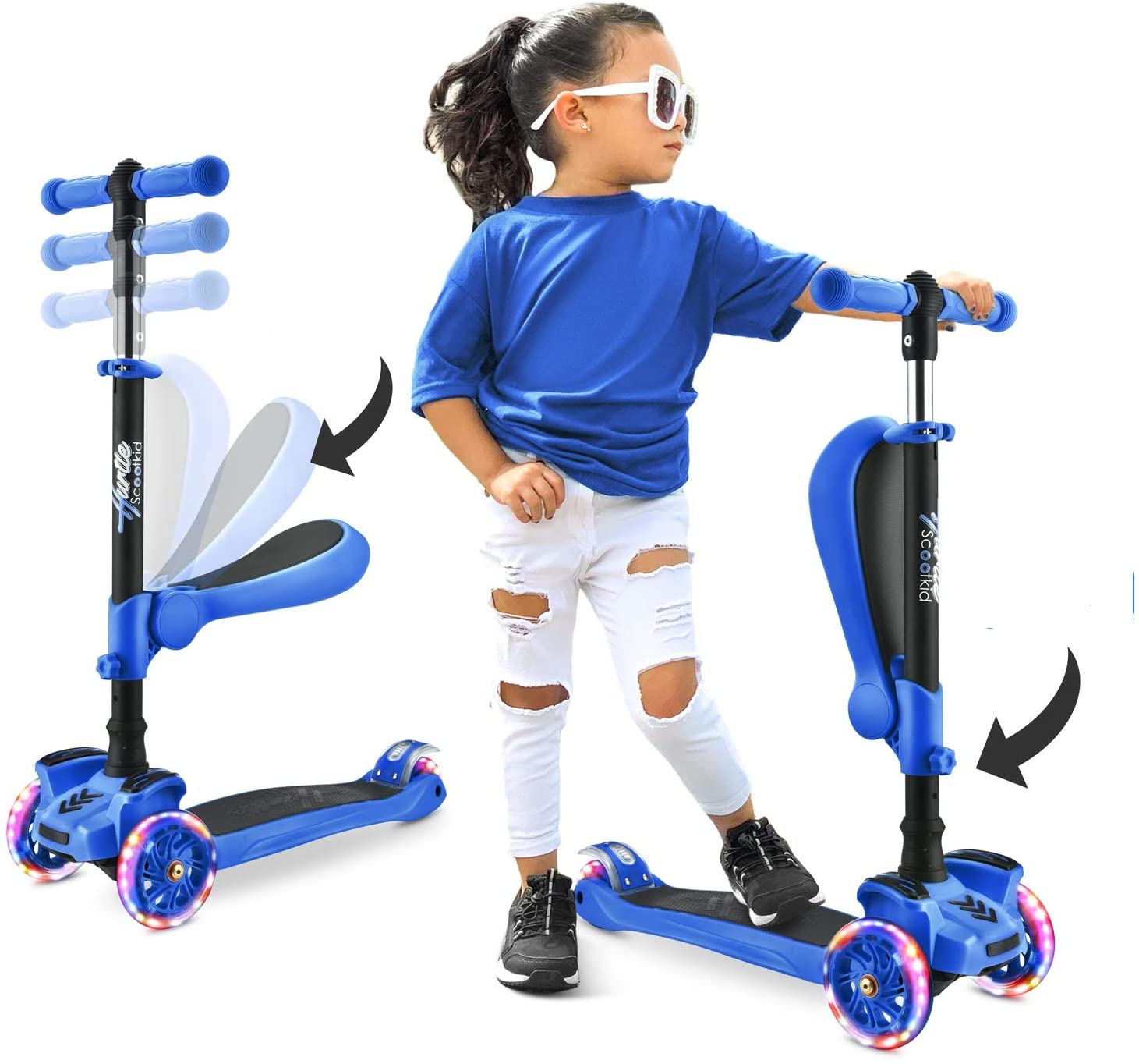 Hurtle ScootKid 3-Wheel Kids Scooter, LED Wheel Lights, Fold-Out Comfort Seat (Ages 1+)