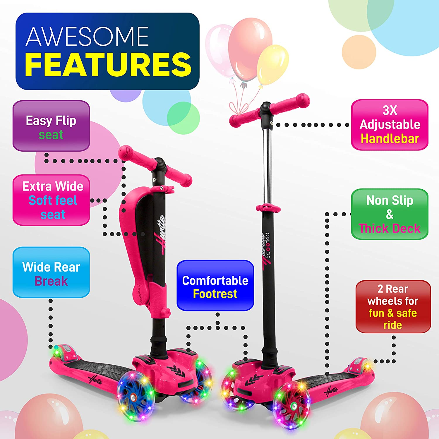Hurtle ScootKid 3-Wheel Kids Scooter, LED Wheel Lights, Fold-Out Comfort Seat (Ages 1+)