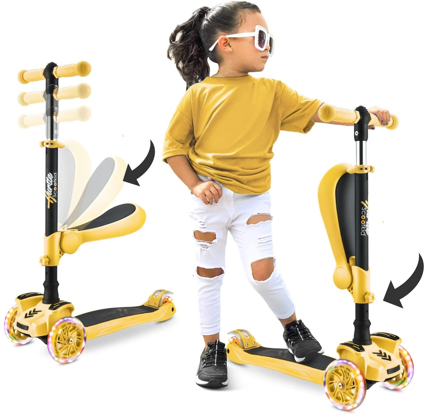 Hurtle ScootKid 3-Wheel Kids Scooter, LED Wheel Lights, Fold-Out Comfort Seat (Ages 1+)