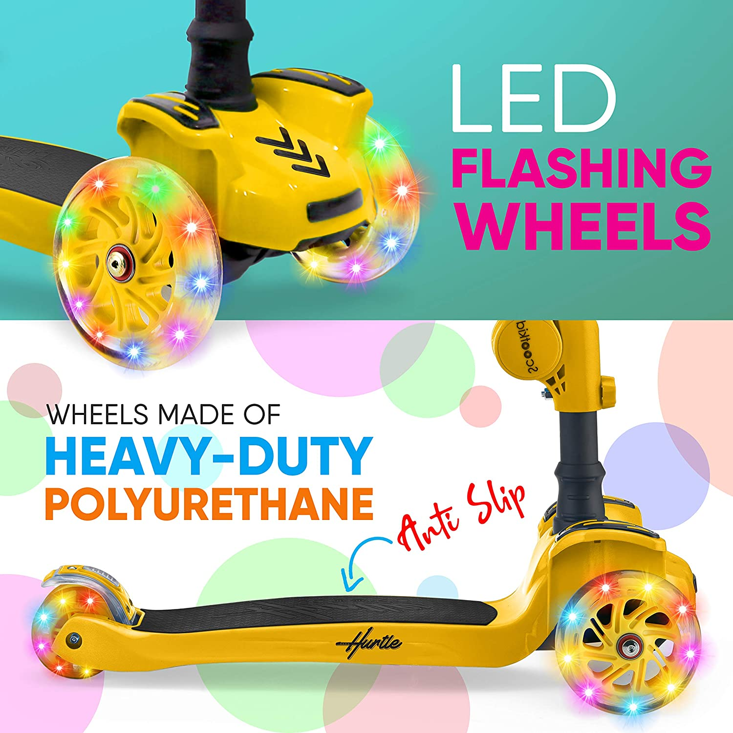 Hurtle ScootKid 3-Wheel Kids Scooter, LED Wheel Lights, Fold-Out Comfort Seat (Ages 1+)