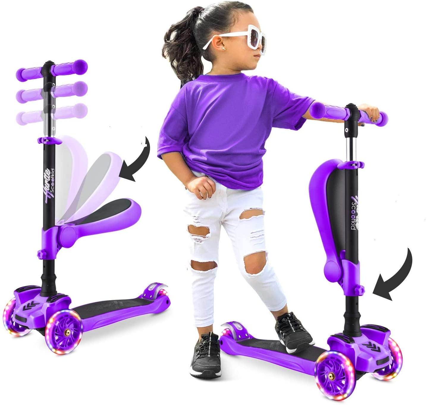 Hurtle ScootKid 3-Wheel Kids Scooter, LED Wheel Lights, Fold-Out Comfort Seat (Ages 1+)