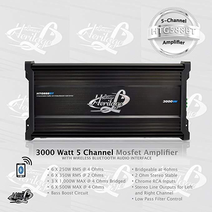 Lanzar Amplifier Car Audio, 3,000W, 5 Channel, 2 Ohm, Bridgeable 4 Ohm, MOSFET, RCA Input, Bass Boost, Mobile Audio, Amplifier for Car Speakers, Car Electronics, Wireless Bluetooth (HTG558BT)