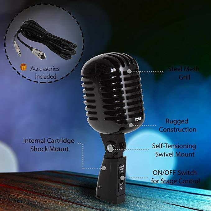 Pyle Retro-Style Dynamic Vocal Microphone with XLR Cable and Adjustable Stand – Ideal for Live Performances and Recording