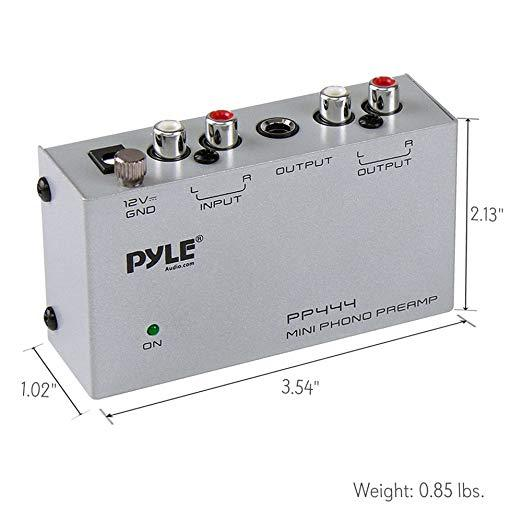 Pyle Ultra-Compact Phono Preamp – Mini Audio Preamp for Turntables, Guitars, and Microphones – RCA Input/Output for Record Players, Receivers, and Amplifiers – Model PP444