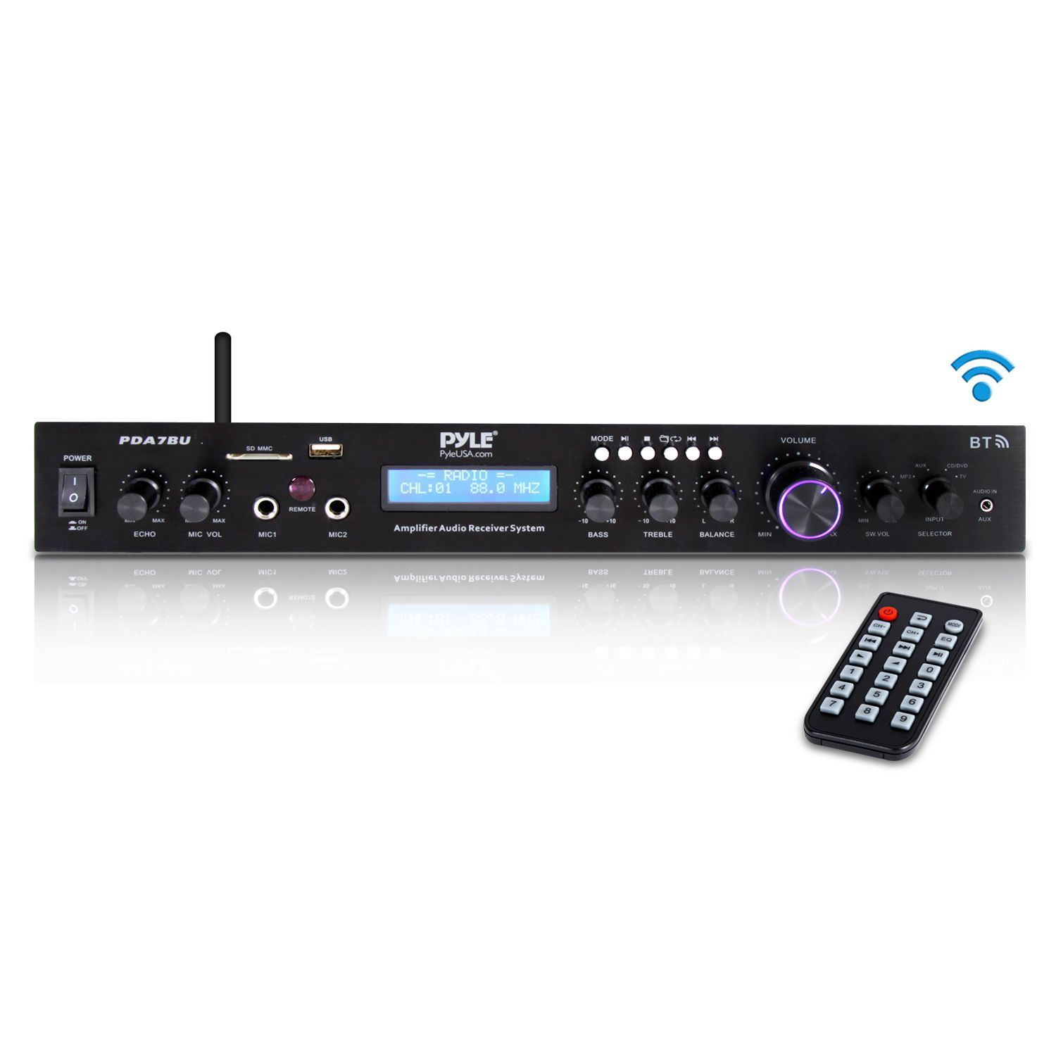 Pyle - Upgraded Premium Rack Mount Bluetooth Receiver, Home Theater Amp, Speaker Amplifier, Bluetooth Wireless Streaming, MP3/USB/SD/AUX/FM Radio, 200 Watt, w/ Digital ID3 LCD Display from - PDA7BU