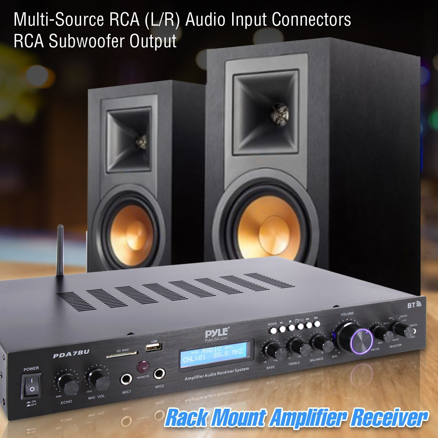 Pyle - Upgraded Premium Rack Mount Bluetooth Receiver, Home Theater Amp, Speaker Amplifier, Bluetooth Wireless Streaming, MP3/USB/SD/AUX/FM Radio, 200 Watt, w/ Digital ID3 LCD Display from - PDA7BU