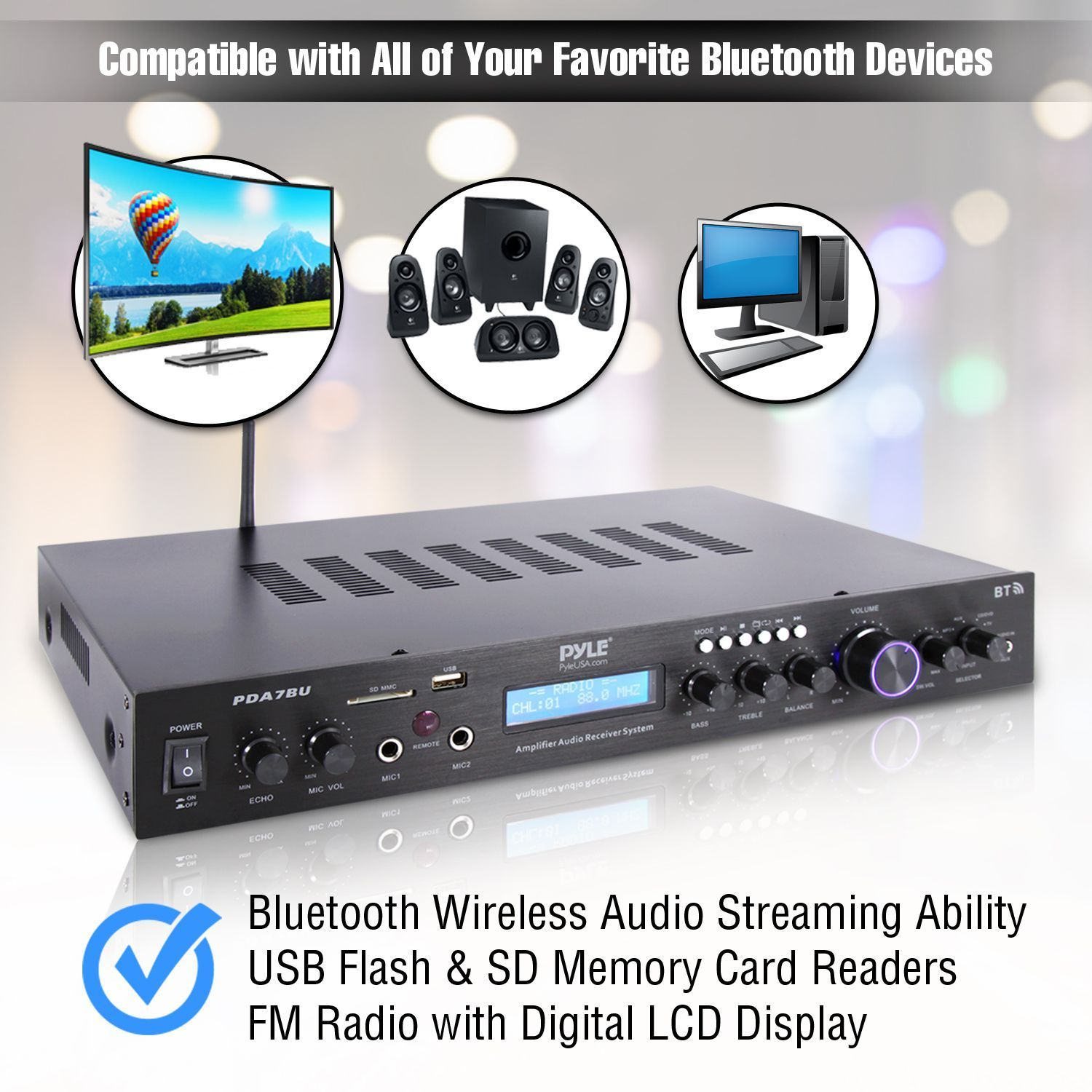 Pyle - Upgraded Premium Rack Mount Bluetooth Receiver, Home Theater Amp, Speaker Amplifier, Bluetooth Wireless Streaming, MP3/USB/SD/AUX/FM Radio, 200 Watt, w/ Digital ID3 LCD Display from - PDA7BU