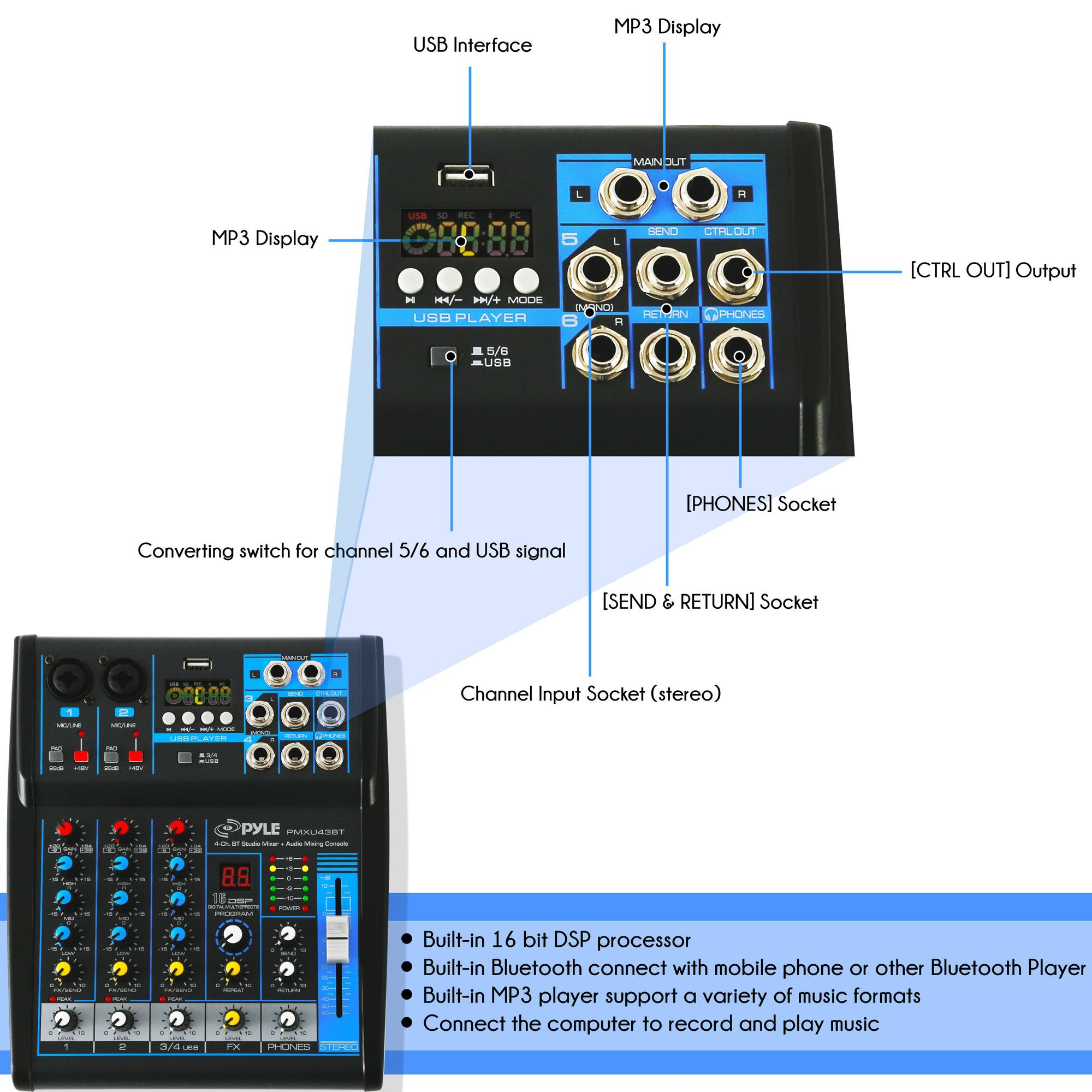 FREE SHIPPING! Pyle deals 4 Channel Wireless BT Studio Mixer PMXU43BT WITH USB Audio I