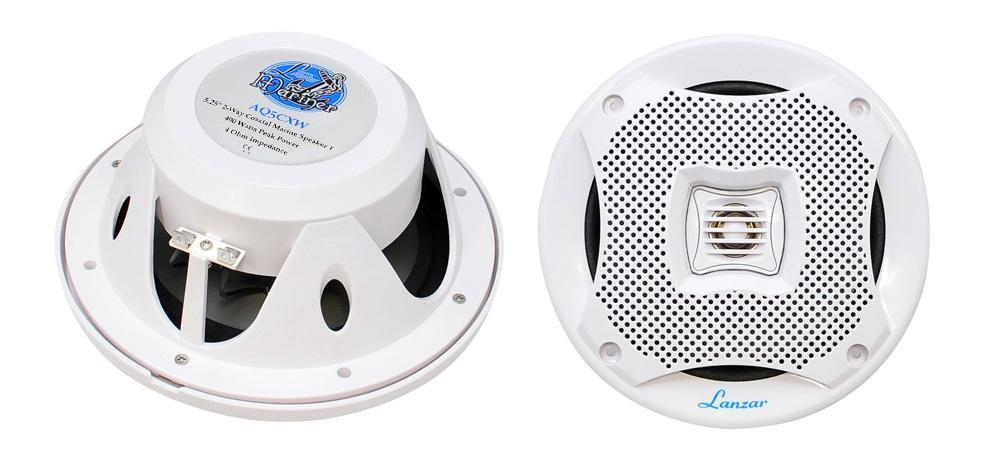 Lanzar Marine Speakers - 5.25 Inch 2 Way Water Resistant Audio Stereo Sound System with 400 Watt Power, Attachable Grills and Resin Treatment for Indoor and Outdoor Use - 1 Pair - AQ5CXW (White)