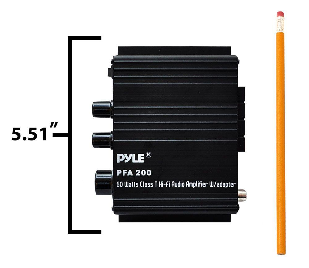 Pyle Home Mini Audio Amplifier - 60W Portable Dual Channel Surround Sound HiFi Stereo Receiver w/ 12V AC Adapter, AUX, MIC IN, Supports Smart Phone, iPhone, iPod, MP3 For 2-8ohm Speakers - Pyle PFA200