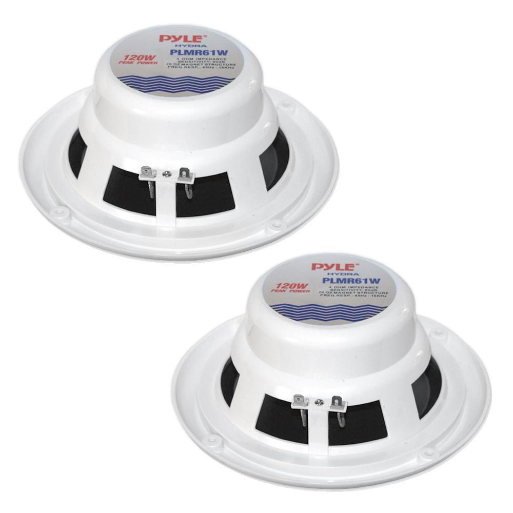 6.5 Inch Dual Marine Speakers - 2 Way Waterproof and Weather Resistant Outdoor Audio Stereo Sound System with 120 Watt Power, Polypropylene Cone and Cloth Surround - 1 Pair - PLMR61W (White)