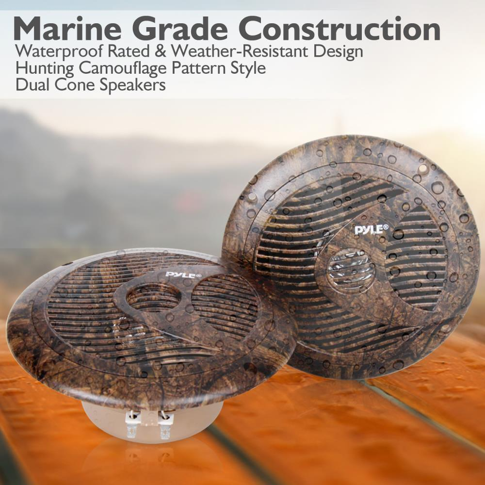 Pyle 6.5 Inch Marine Speakers - IP44 Waterproof and Weather Resistant Outdoor Audio Dual Stereo Sound System with 150 Watt Power, Low Profile Design and Camouflage Hunting Style - 1 Pair - PLMR60DK