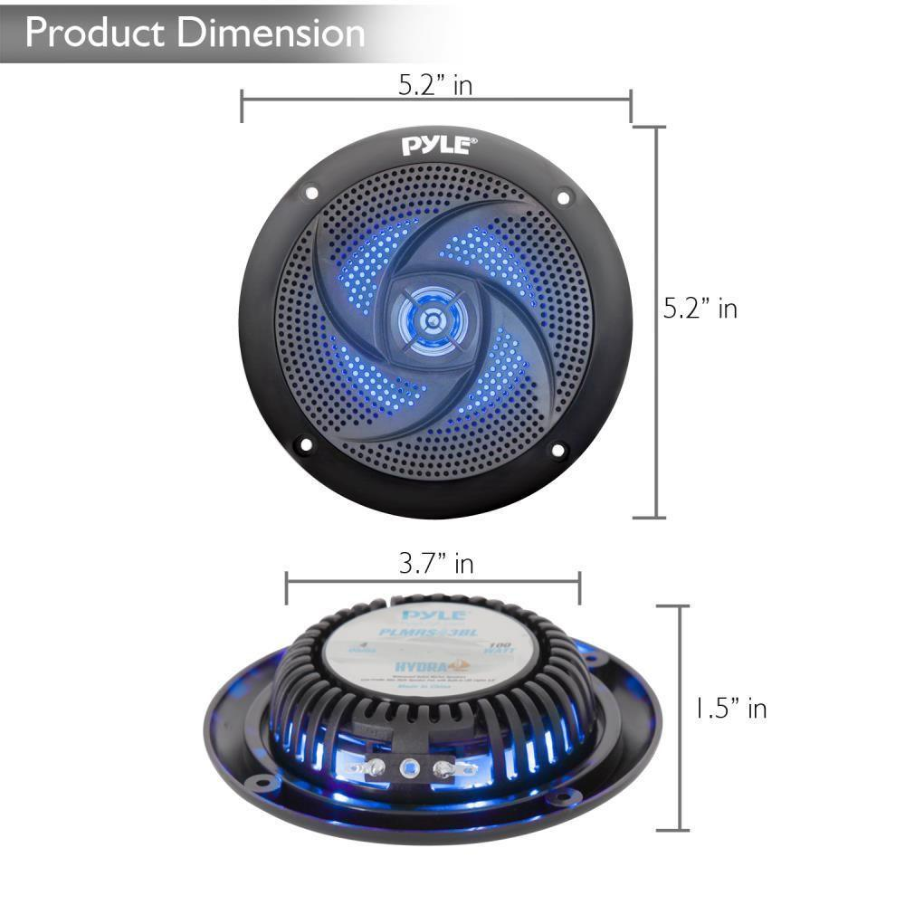 Waterproof Rated Marine Speakers, Low-Profile Slim Style Speaker Pair with Built-in LED Lights, 4.0''-inch (100 Watt)