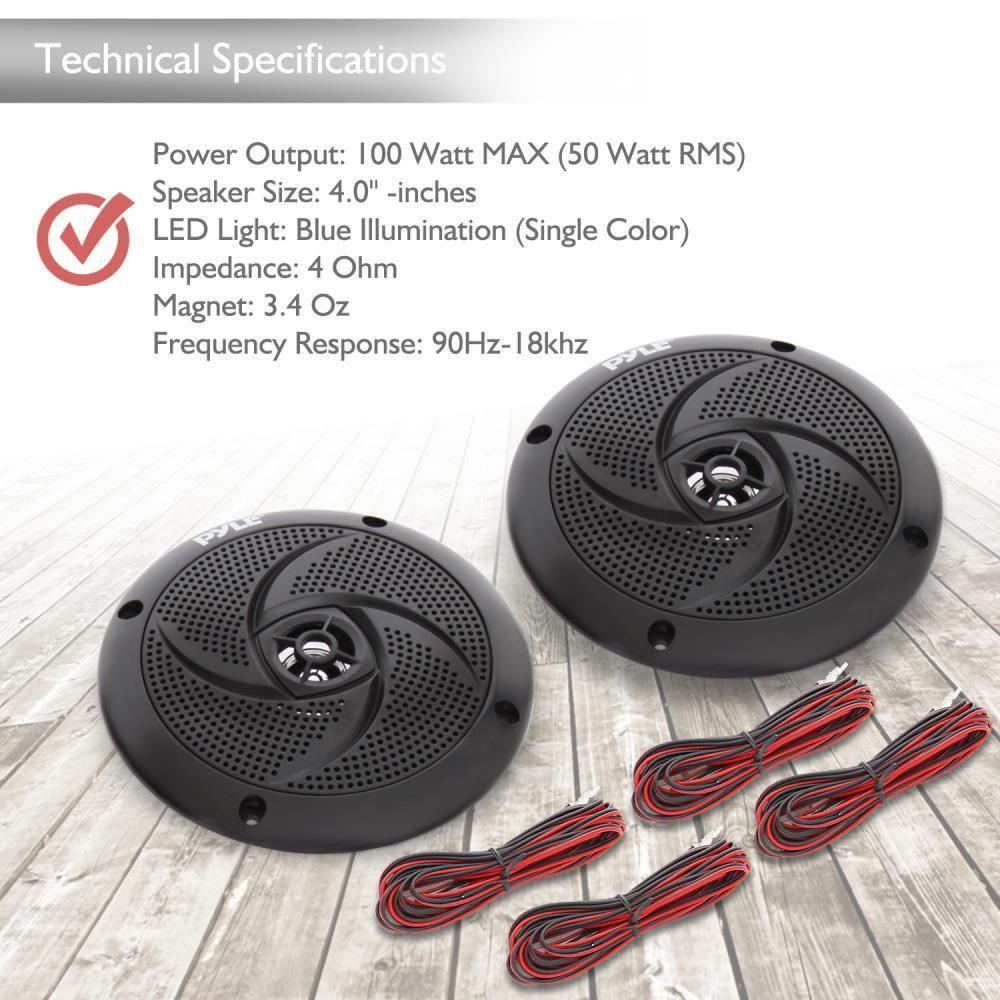 Waterproof Rated Marine Speakers, Low-Profile Slim Style Speaker Pair with Built-in LED Lights, 4.0''-inch (100 Watt)